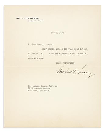 HOOVER, HERBERT. Brief Typed Letter Signed, as President, to Alonzo Eugene Austin,